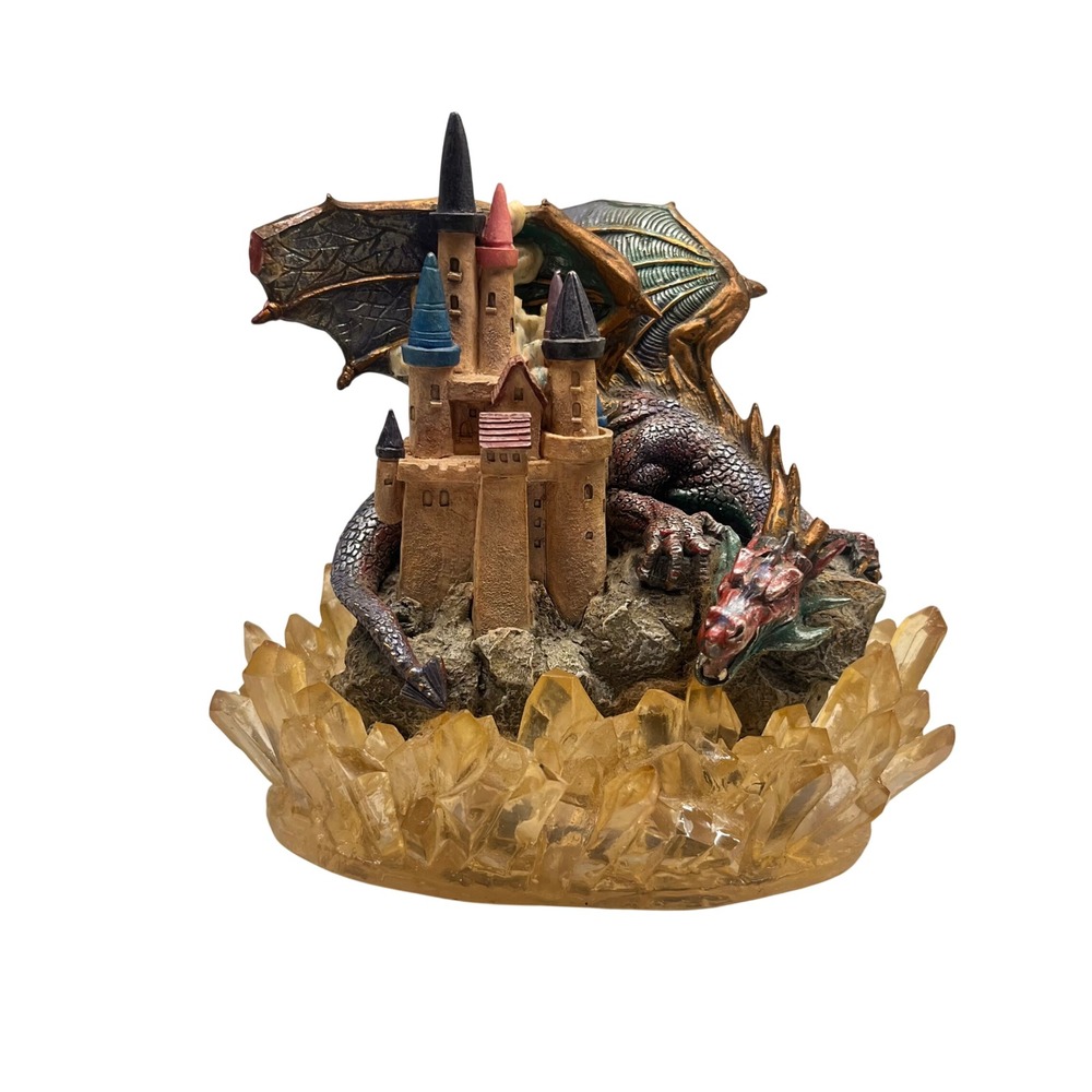 Fantasy Dragon and Castle Figurine on Faux Amber Crystal Base Mythical Statue